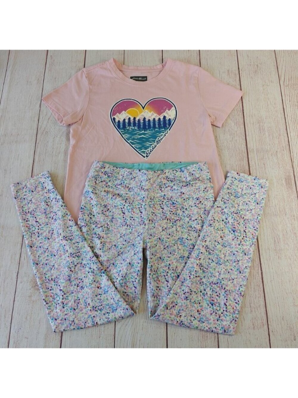 Eddie Bauer pink graphic tee & confetti legging set sz L(14/16)